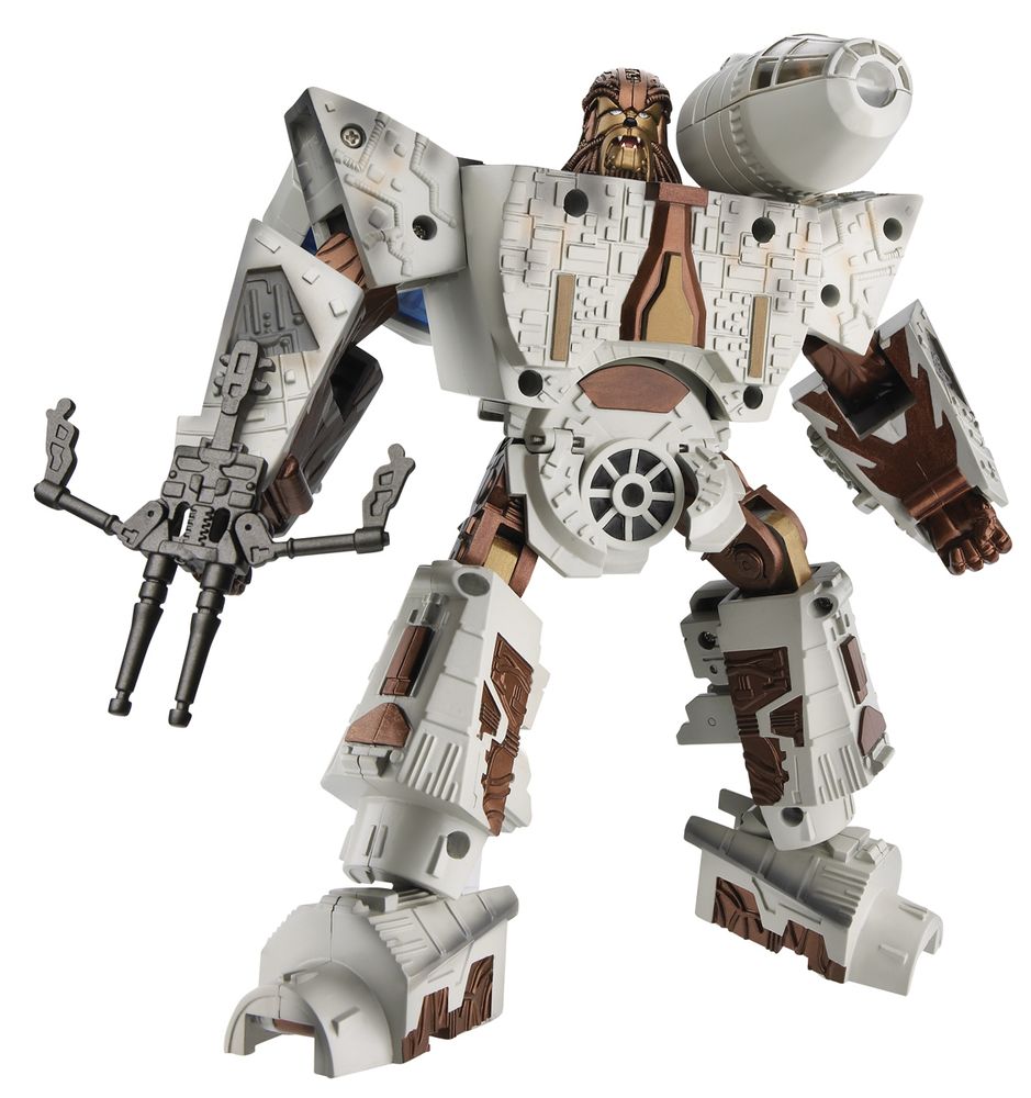 Photo of a Millennium Falcon Transformer with a Chewbacca-style head and a double-barreled bowcaster