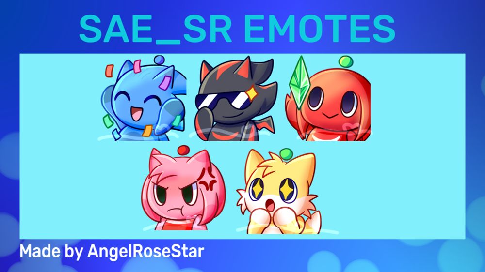 Graphic showcasing our five new Twitch emotes by AngelRoseStar. 
saesreHype (a Sonic Chao cheering with confetti surrounding, animated on Twitch), 
saesreCool (a Shadow Chao pulling up sunglasses, animated on Twitch), 
saesreTreasure (a Knuckles Chao holding up an Emerald shard), 
saesrePout (an Amy Chao with a pout), 
saesrePog (a Tails Chao looking in awe with sparkles in its eyes).