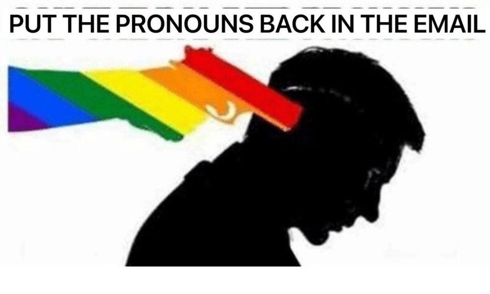 Caption: put the pronouns back in the email

Gun to back of head