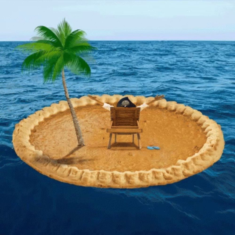 a pirate is sitting on a bench on a pie island