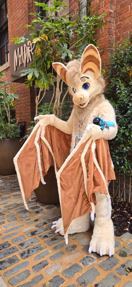 A light tan bat fursuiter with large, articulated wings is standing in a brick-lined alley in front of a brick building. A smiling blue protobean is perched on their right wing. Behind them, there are several potted plants with green leaves. 
