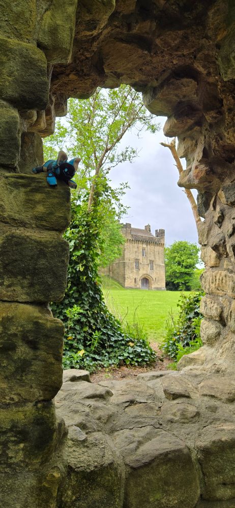 A smiling blue protobean is perched near the top of a hole in an old stone wall. Through the hole, a small square castle on a grassy field is visible against a cloudy gray sky.