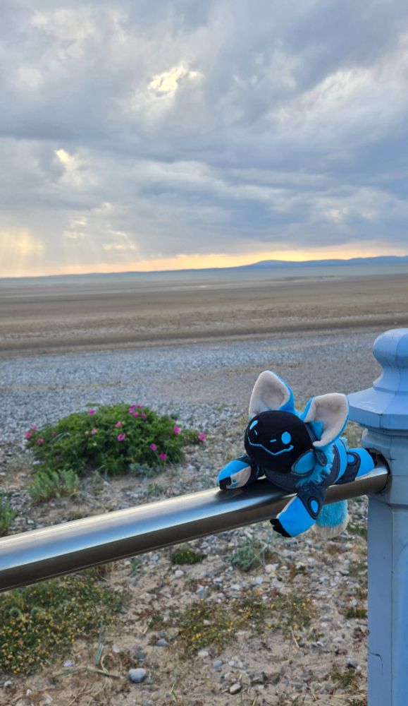 A smiling blue protobean perched on a metal railing next to a blue painted wooden post. In the near background, there is a rocky beach with a green bush with pink flowers. Further out there is a stretch of sandy beach and a bit of the Irish sea, and in the far distance the mountains of Cumbria are visible. The sky is cloudy with a bit of pale golden sun peeking through.