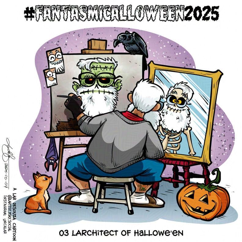 cartoon of myself in a Norman Rockwell homage. As I draw a Halloween portrait of myself (as a Frankenstein monster) my reflection is a bearded Halloween skeleton. My cat, Diogee, observes from one side, a grinning jack o'lantern from the other and a raven perches on top of the easel. Caption: Larchitect of Hallowe'en