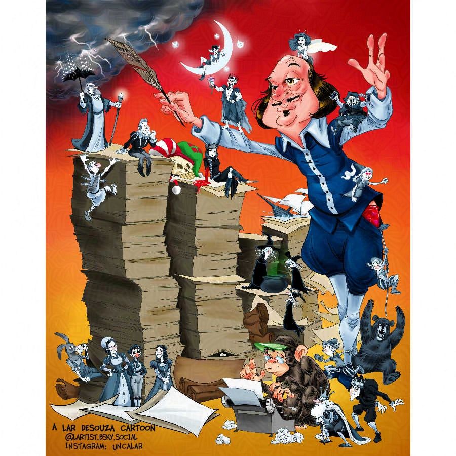 poster art for the Reduced Shakespeare Company's "William Shakespeare's Long Lost First Play (abridged)" 
Shakespeare stands before tall stacks of paper waving his quill like a conductor's baton. A variety of small characters from his collected works move in and around him and the stacks of paper. A small chimp at a typewriter sits at his feet working away.