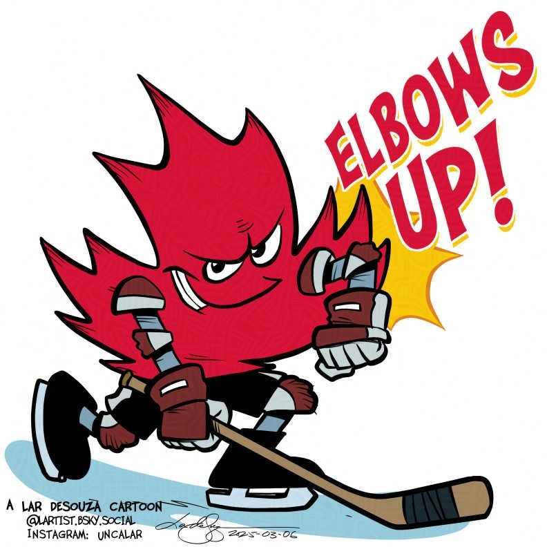 cartoon of a red maple leaf wearing hockey gear with one arm cocked up
Elbows Up!
