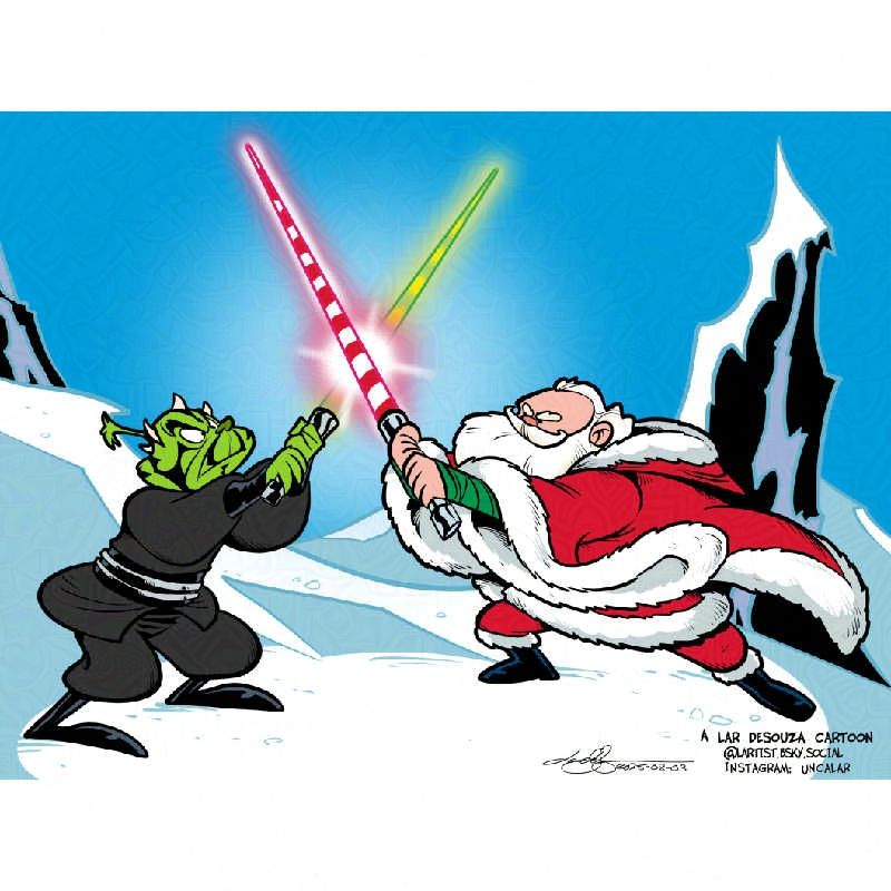 cartoon of a Jedi Santa with a candy cane light saber duels with a Darth Grinch on a snowy mountain plateau