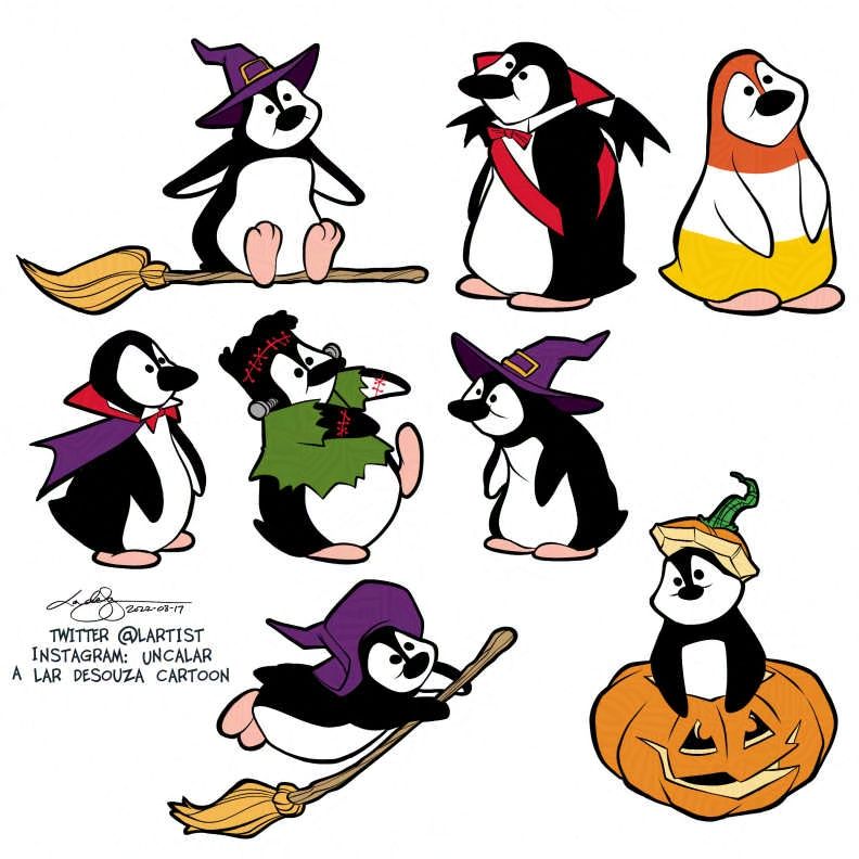 cartoon: a variety of penguins in Hallowe'en themes