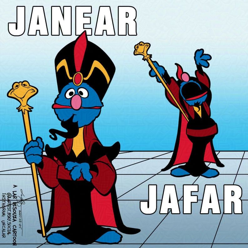 cartoon of Grover dressed as the evil wizard Jafar from Aladdin. He's close up on the left and in the background on the right.
JANEAR  JAFAR