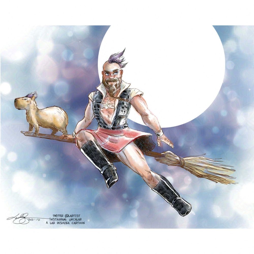 a male witch with his capybara familiar rides a broom across the full moon sky