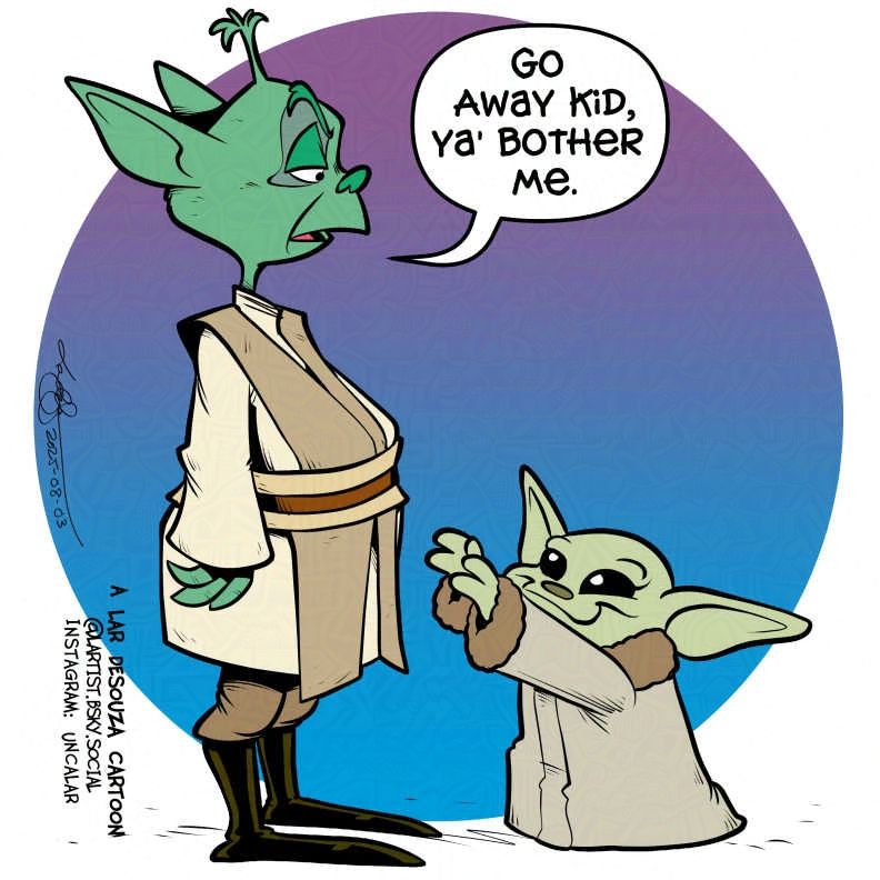 cartoon of the Grinch wearing Yoda ears and jedi robes, looking down at Grogu
"Go away kid, ya' bother me."