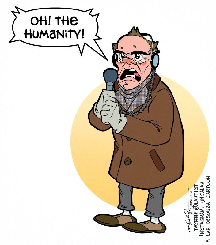 caricature of Les Nessman from WKRP's infamous Turkey Drop episode.
Oh! The humanity!