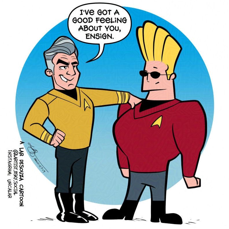 cartoon of Captain Pike addressing Johnny Bravo
"I've got a good feeling about you, Ensign."