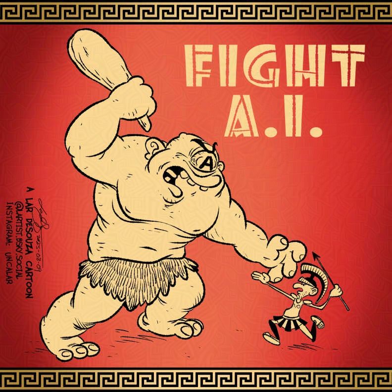 cartoon of a spartan fighting a cyclops who has a big letter 'A' for an eye.
FIGHT A.I.