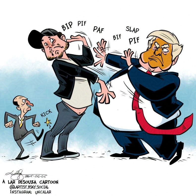 cartoon of Elon Musk and the elected felon having a bitchy slap fight. Also a tiny Stephen Miller kicks Musk in the leg.