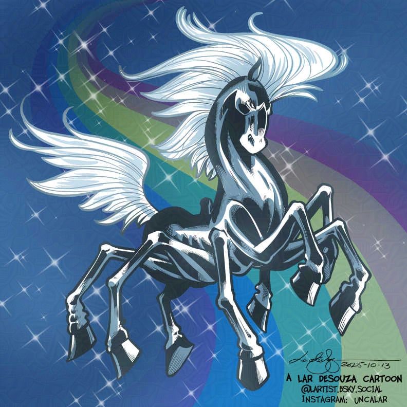 cartoon: An eight legged horse gallops across a rainbow background