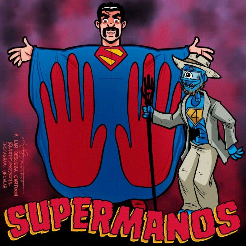 cartoon mash up of Superman with Manos Hands of Fate. Number 4 Super Robot is dressed as Torgo