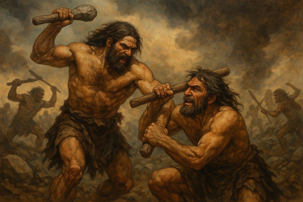 Two cavemen, male, fighting each other with sticks and bones while, in the background, other yield spikes and randomly fashioned weapons.