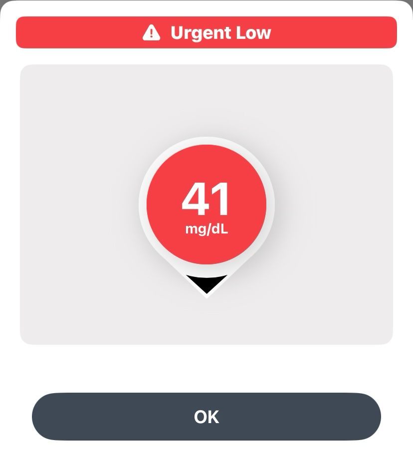 A continuous glucose monitor reading of 41 mg/dL and dropping.