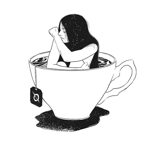 A black and white line art illustration of a young woman sitting in a gigantic tea cup, looking stressed and tired.