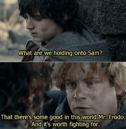 Two screenshots from the second Lord of the Rings movie, The Two Towers. Frodo has started to give up hope, and Sam reminds him that there’s always something to fight for. In the top panel, Frodo says “What are we holding onto Sam?” In the bottom panel, at the end of a speech which is not included in these screenshots, Sam answers Frodo’s question by saying, “That there’s good in this world Mr. Frodo. And it’s worth fighting for.”