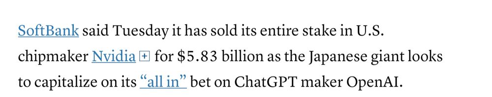 SoftBank said Tuesday it has sold its entire stake in U.S. chipmaker Nvidia for $5.83 billion as the Japanese giant looks to capitalize on its “all in” bet on ChatGPT maker OpenAI