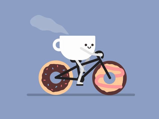 a cartoon of a cup of coffee riding a bicycle with donuts on the wheels