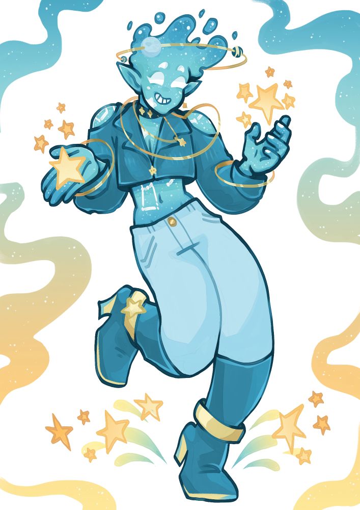 An illustration of Roo's vtuber in his true form. The character is made up of stardust and has teal skin with stars and constellations through it. He wears a cropped button up shirt with shoulder cut outs and a deep v-neck, light blue-grey trousers, and knee high teal boots. One leg is kicked up behind him, and his hands are reaching for stars.