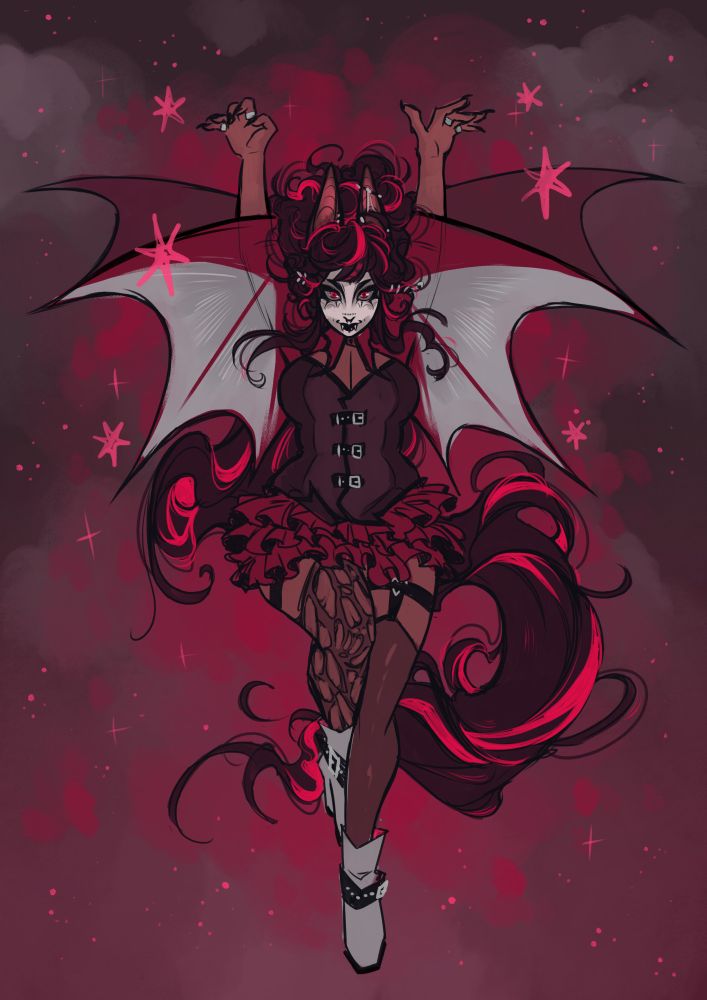 A fullbody sketxh of a character belonging to Meowconnoiseur, floating in the sky with arms above. They have a shirt in the shape of wings, a short skirt, boots with buckles, very long hair, and heavy makeup.

The pose is inspired by the painting La Femme Chauve-Souris by Albert Joseph Penot