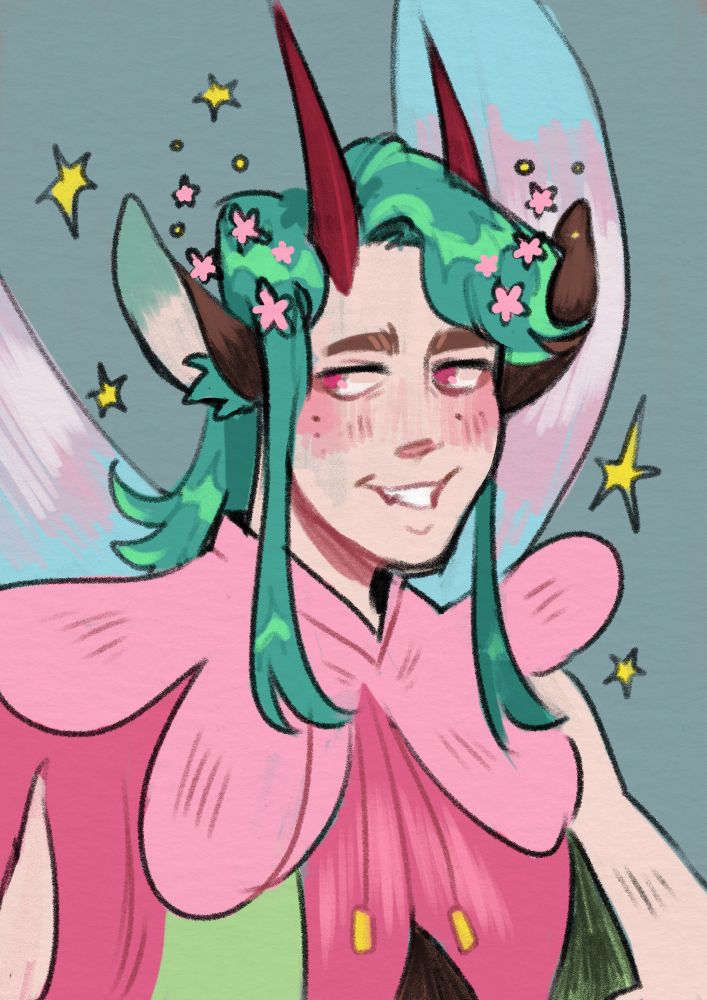 A sketch of a tiefling with a smirk, red horns, teal hair, brown ears, wings, and a pink flower inspired outfit.