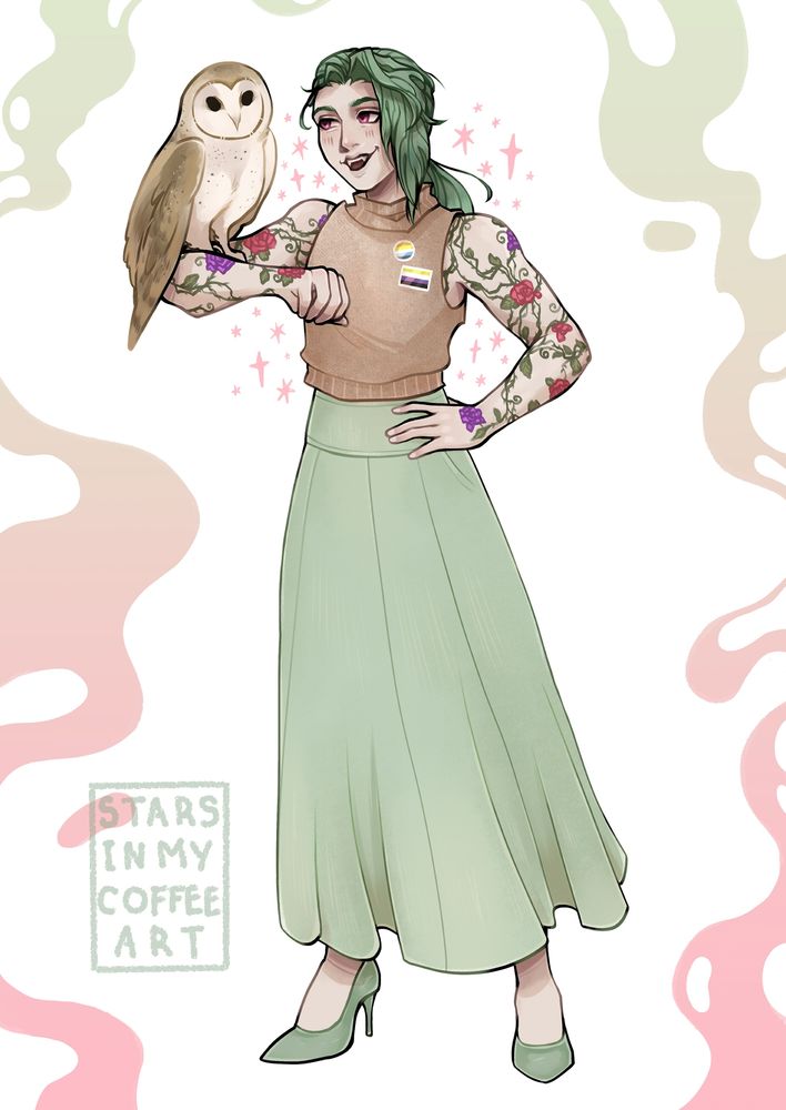 A fullbody drawing of a character belonging to Kingpsych. They are standing, holding an owl up on one arm, while the other arm rests on their hip. They are wearing a long green skirt, green high heels, a knitted? high neck sleeveless shirt with an non binary and aroace pin. Covering their arms are vines and rose tattoos, and they have sharp fangs, pink eyes, and green long hair pulled back.