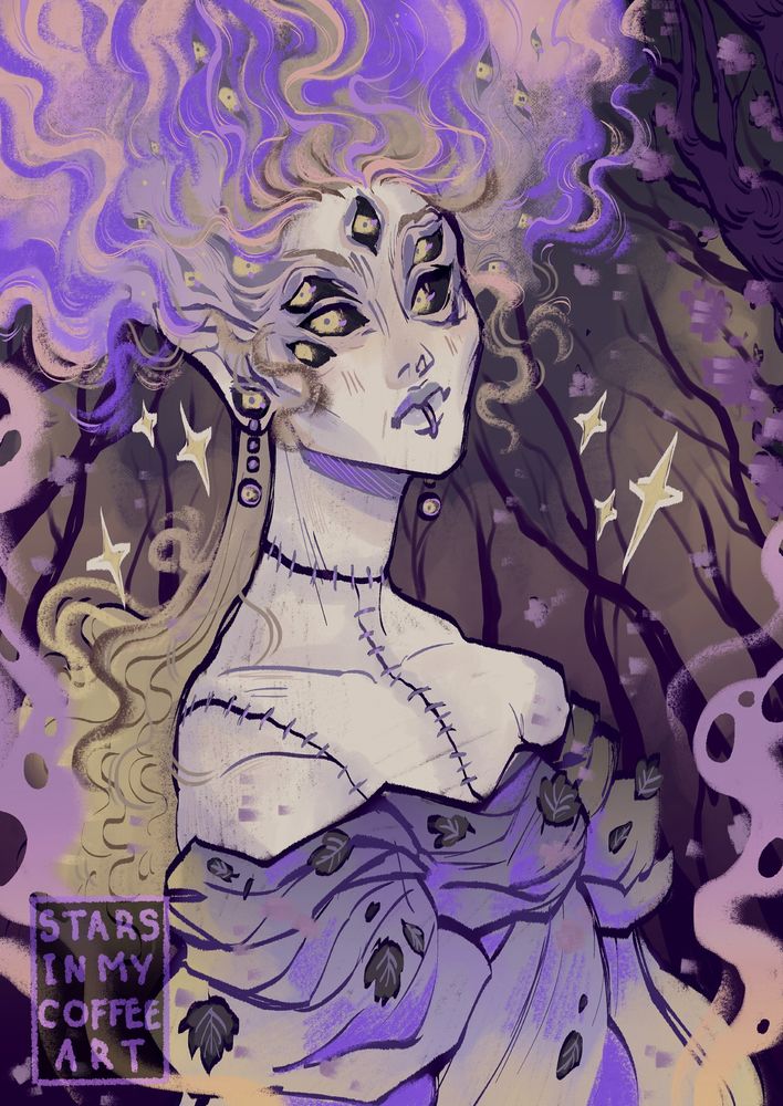 A sketchy bust drawing, of a zombie like creature with many eyes, piercings, stitches in the skin, and smoky/wispy hair. Behind them are trees and they're surrounded by smoke