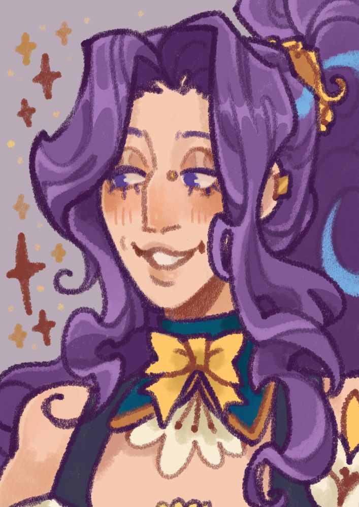 A bust drawing ('crayon style') of a character belonging to kitchenscissors/furryhotdogs on art fight.
He has long wavy hair in a ponytail, gold piercings, purple eyes, a neck piece with a big bow, and a flower on his shirt