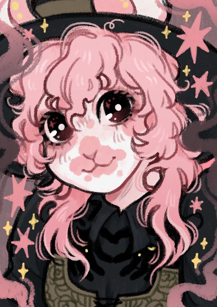 A bust drawing of a bunny character, with pink markings, long pink hair, a black dress, and a black hat. Stars and smoke surround her