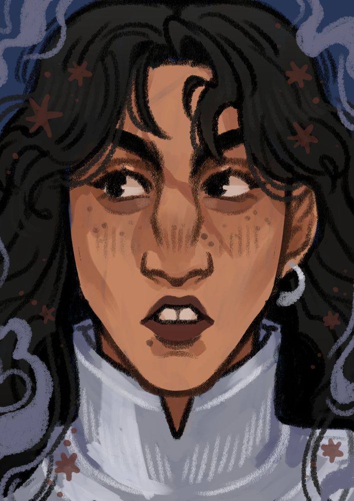 A bust drawing, in a 'crayon style', of Helaena who belongs to lm_ly(artfight), lm_ly_(Instagram).
She has long dark hair, freckles, a scar across the nose, earrings, and is wearing armour 