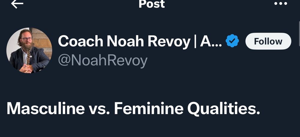 Screenshot of tweet from @NoahRevoy on X, headline “Masculine vs Feminine Qualities”