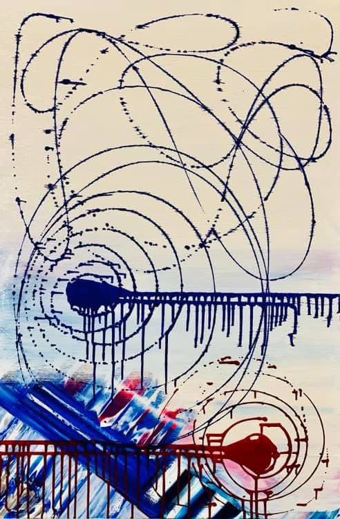 Red, white and blue abstract painting hinting at barbed wire, gun violence, and the remnants of an American flag 