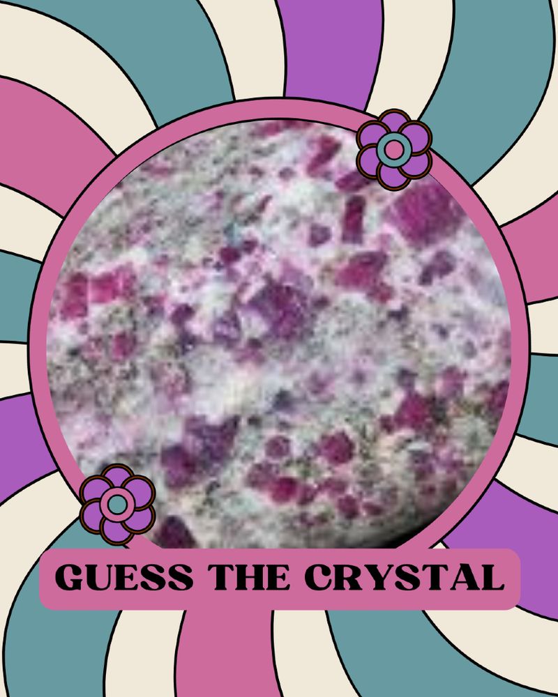 Close-up of Ruby in Feldspar showing red ruby crystals in a pale feldspar matrix on a retro swirl background. Text at the bottom reads: “Guess the Crystal.”