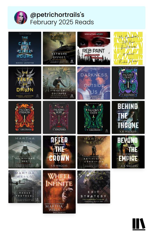 Image of 19 book covers, one for each book read in February

Cage of Dark Hours 
Network Effect
Red Paint 
Mr Penumbra’s 24 hr Bookstore
The Teeth of Dawn
System Collapse
The Darkness Outside Us
Paladin’s Grace
Paladin’s Strength
Paladin’s Hope
Paladin’s Faith
Behind the Throne
All Systems Red
After the Crown
Artificial Condition
Beyond the Empire
Rogue Protocol
Wheel of the Infinite
Exit Strategy 