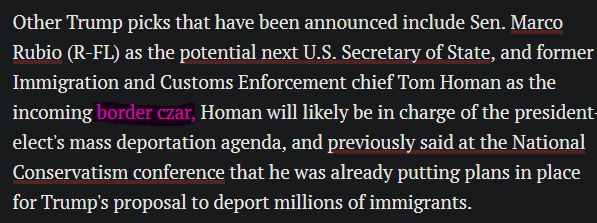 Other Trump picks that have been announced include Sen. Marco Rubio (R-FL) as the potential next U.S. Secretary of State, and former Immigration and Customs Enforcement chief Tom Homan as the incoming border czar, Homan will likely be in charge of the president-elect's mass deportation agenda, and previously said at the National Conservatism conference that he was already putting plans in place for Trump's proposal to deport millions of immigrants.

Border czar is highlighted.