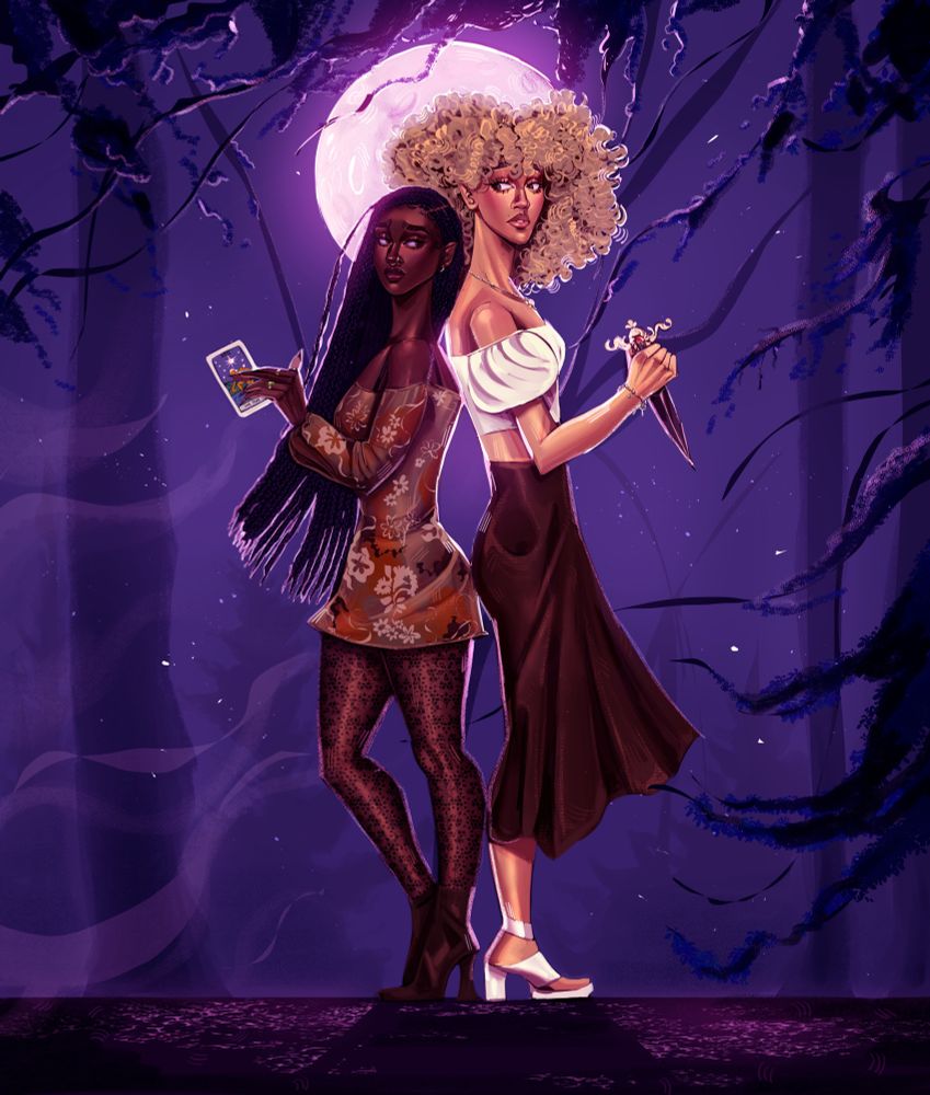 A digital image of Two girls standing in a clearing. One is a darker skinned Black girl with long box braids holding a tarot card, The Star. The other is a taller biracial girl with blonde curly hair holding an ornate dagger. The girls stand in a clearing beneath a full moon.
