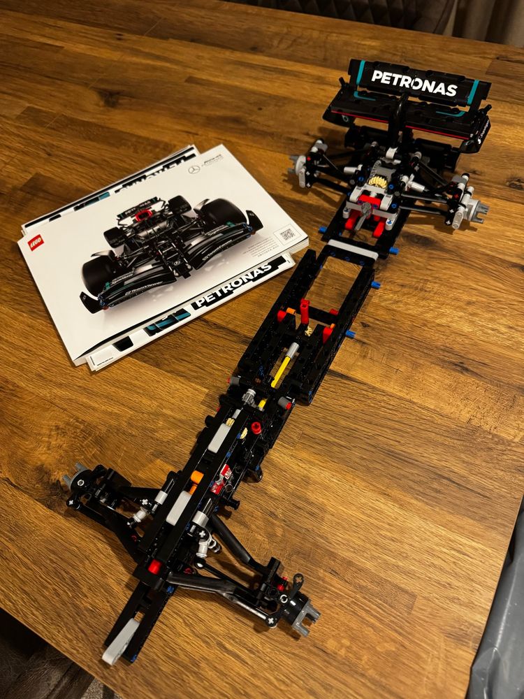 A partially complete Lego Mercedes F1 car