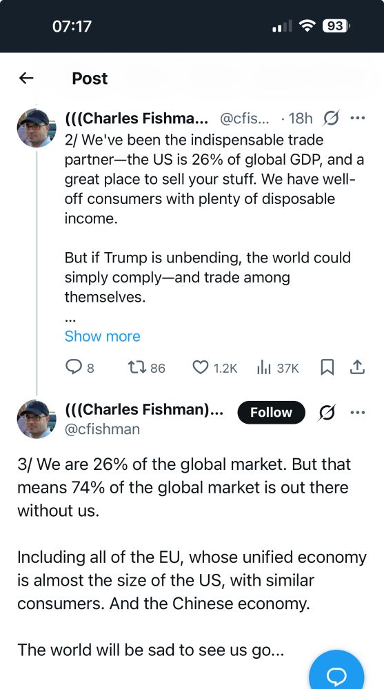 Screenshot of tweet suggesting US trading partners could increase trade amongst themselves and ignore US