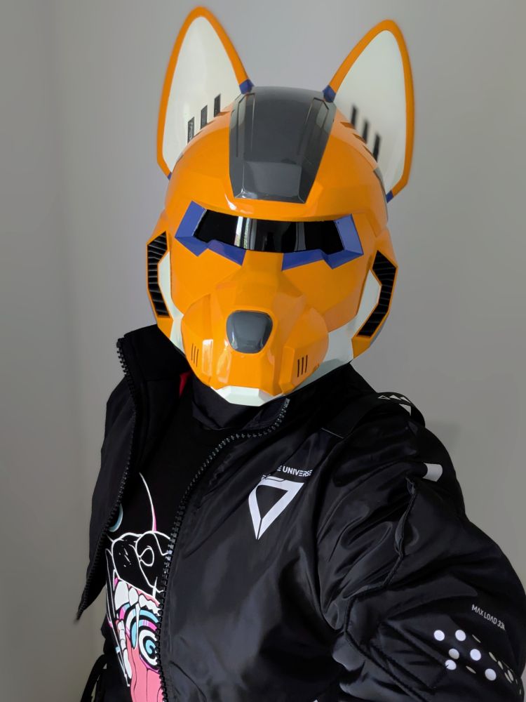 New fursuit head! A cyborg fox wearing a sci-fi jacket. 