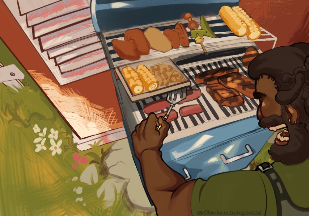 Um desenho em perspectiva mostrando um homem cuidando de uma churrasqueira cuja mesma esta cheia de coisas como milho, carne, verduras no espeto e linguiças. Churrasqueira temma coloração azul