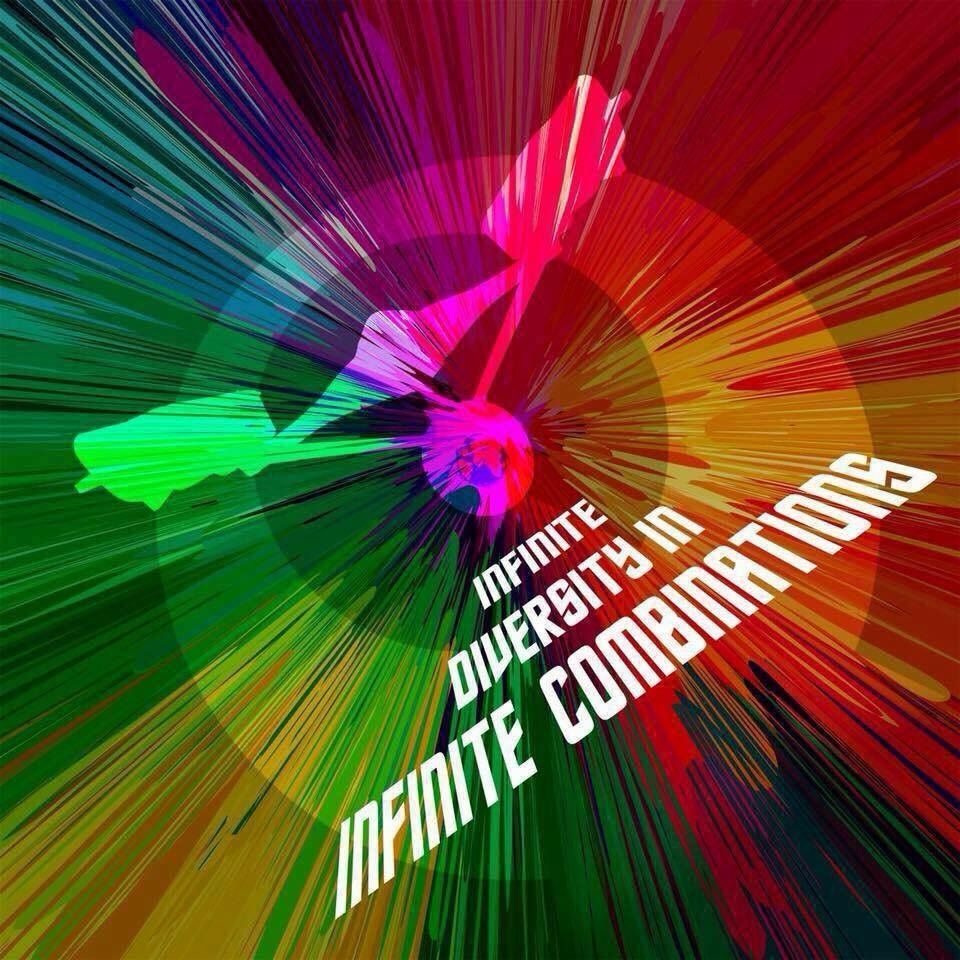 Colourful image with with words “Infinite Diversity In Infinite Combinations” in white. 