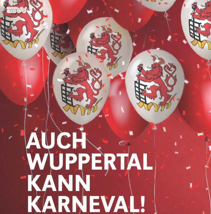 Plakat zur Veranstaltung zeigt Aufschrift "Auch Wuppertal kann Karneval". Darüber rote und weiße Luftballons und Konfetti. Auf den weißen Luftballons ist das Stadtwappen, ein roter Löwen, zu sehen. Grafik: Stadt Wuppertal