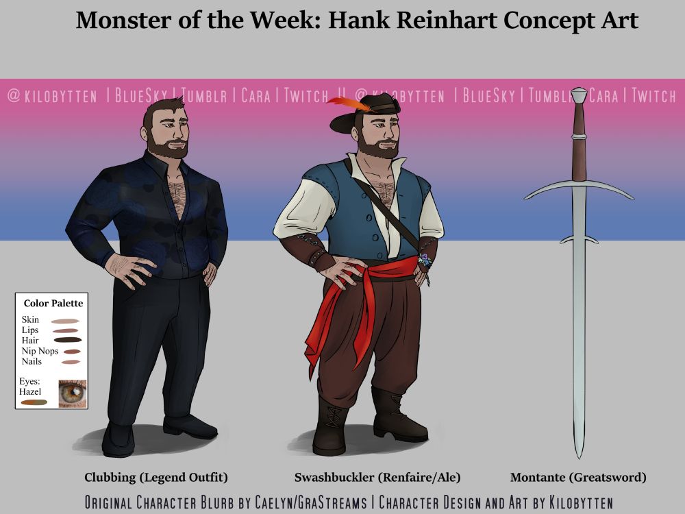 A man called Hank is standing with his hands on his hips. The leftmost version of him is wearing a fancy outfit to go clubbing, and the middle version is him in a swashbuckler outfit. The sword on the right is his montante, a greatsword.
