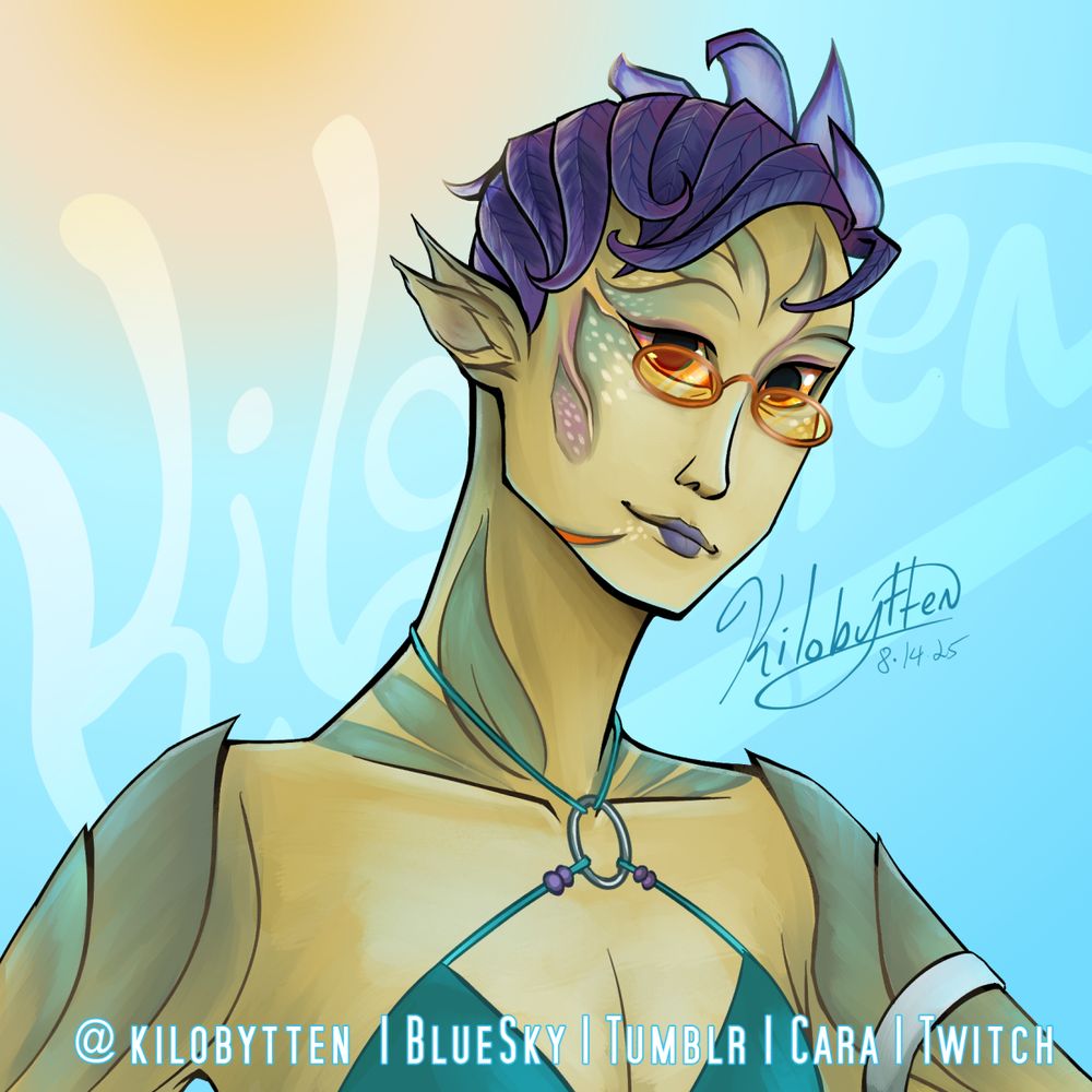 A portrait of a yellow-green woman made of plant-like material. She is looking directly at the viewer with a soft smile. Her hair/fronds are purple and she has orange sunglasses.