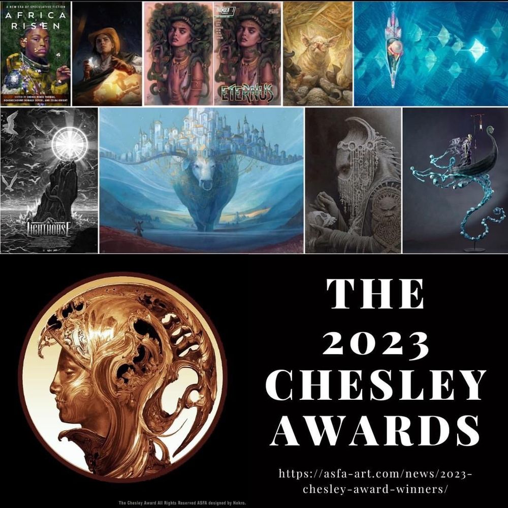 Images of art from book covers, magazine, interior illustration and others and the bottom showing the logo of the chesley award and next to it says the 2023 Chesley Awards.